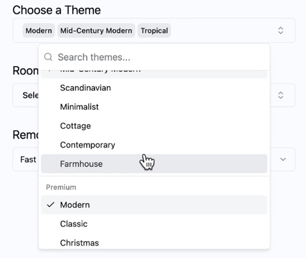 Remodel tool interface showing theme selection